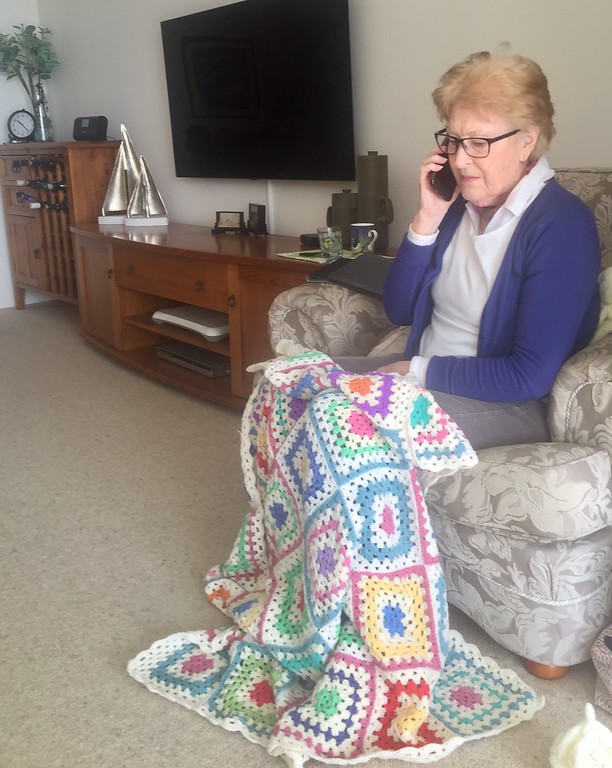 Fay happily produtive in her craft corner - at home in Cabarita, August 2019