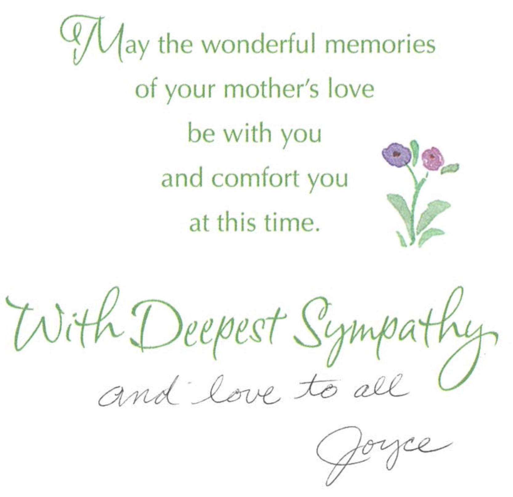 The condolence card sent by Joyce Lank