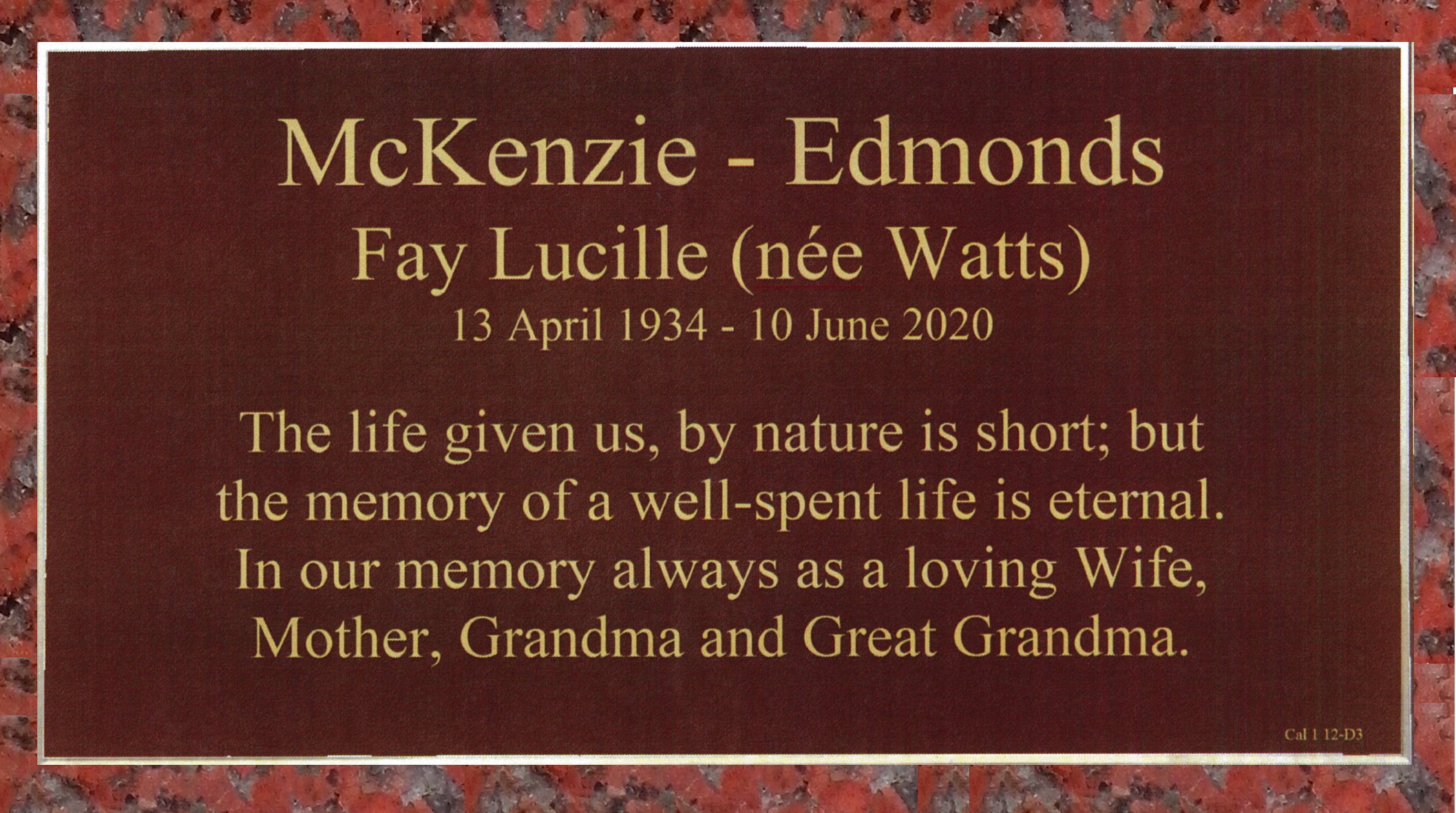 A draft of the plaque and granite for Mum's inurnment.